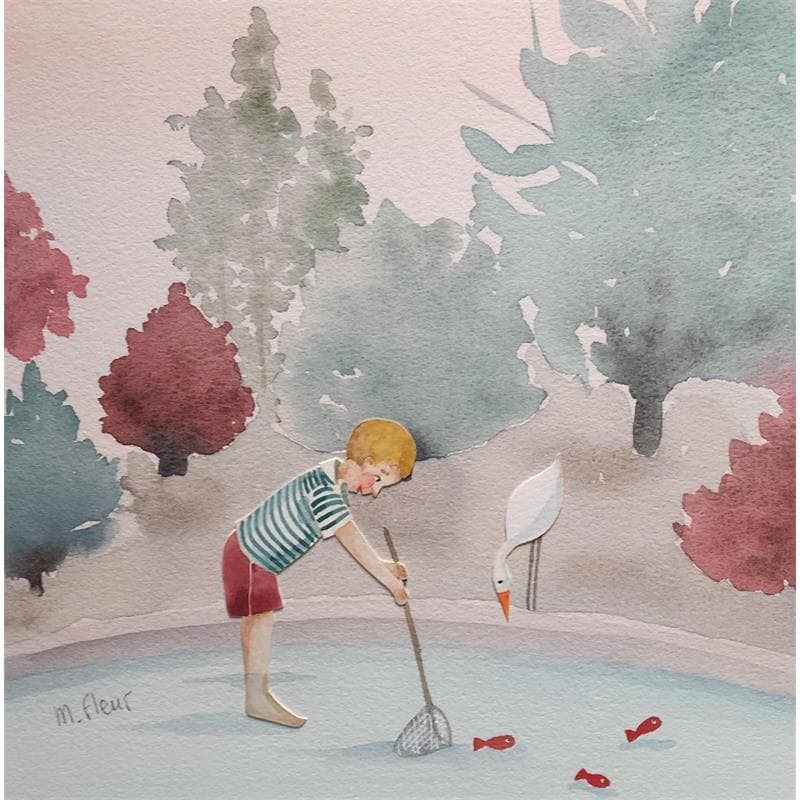 Painting Le bassin des poissons rouges by Marjoline Fleur | Painting Naive art Landscapes Watercolor