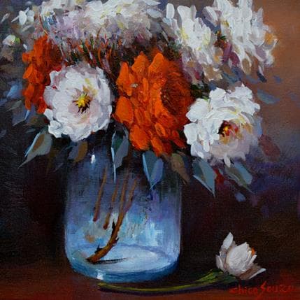 Painting White rose by Chico Souza | Painting Figurative Oil still-life