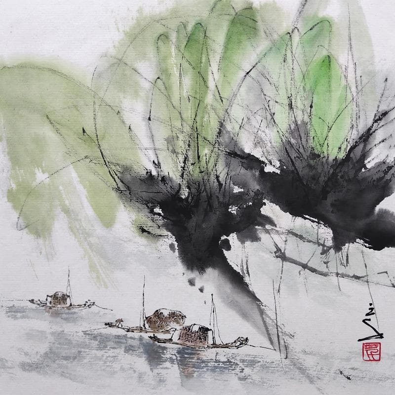 Painting Gentle breeze by Sanqian | Painting Figurative Mixed Landscapes