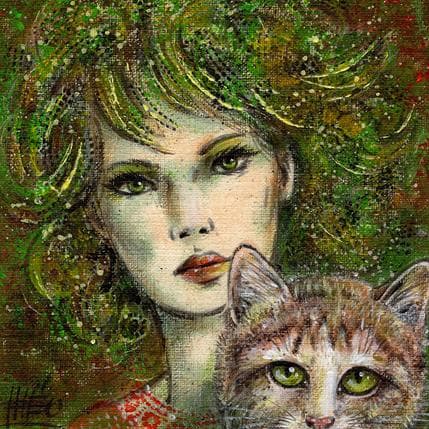 Peinture Green eyed cat par Schildkamp Theo | Tableau Illustration Mixte Portraits