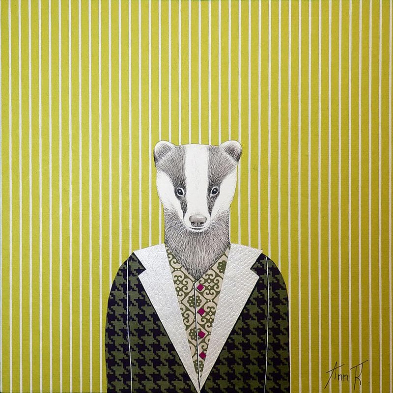 Peinture Blaireau en costume par Ann R | Tableau Art naïf Huile animaux