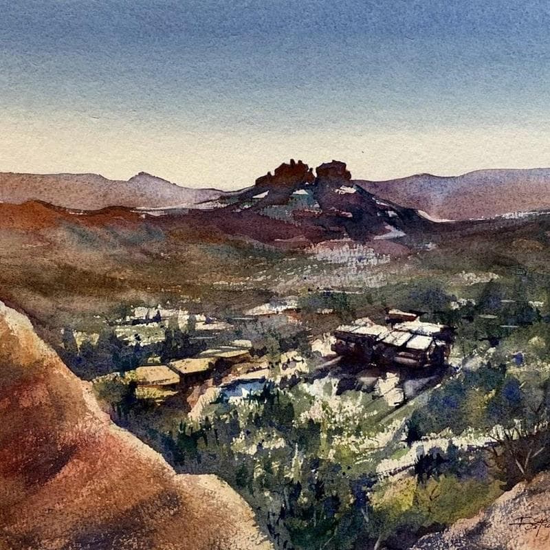 Painting Sedona by Seruch Capouillez Isabelle | Painting Figurative Landscapes Urban Watercolor