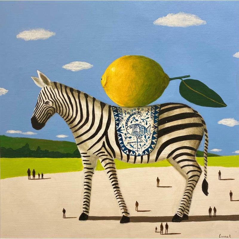 Painting zèbre citron by Lionnet Pascal | Painting Surrealism Landscapes Animals Still-life Acrylic