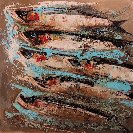 Painting Banco sardinas by Villanueva Puigdelliura Natalia | Painting Figurative Mixed Animals