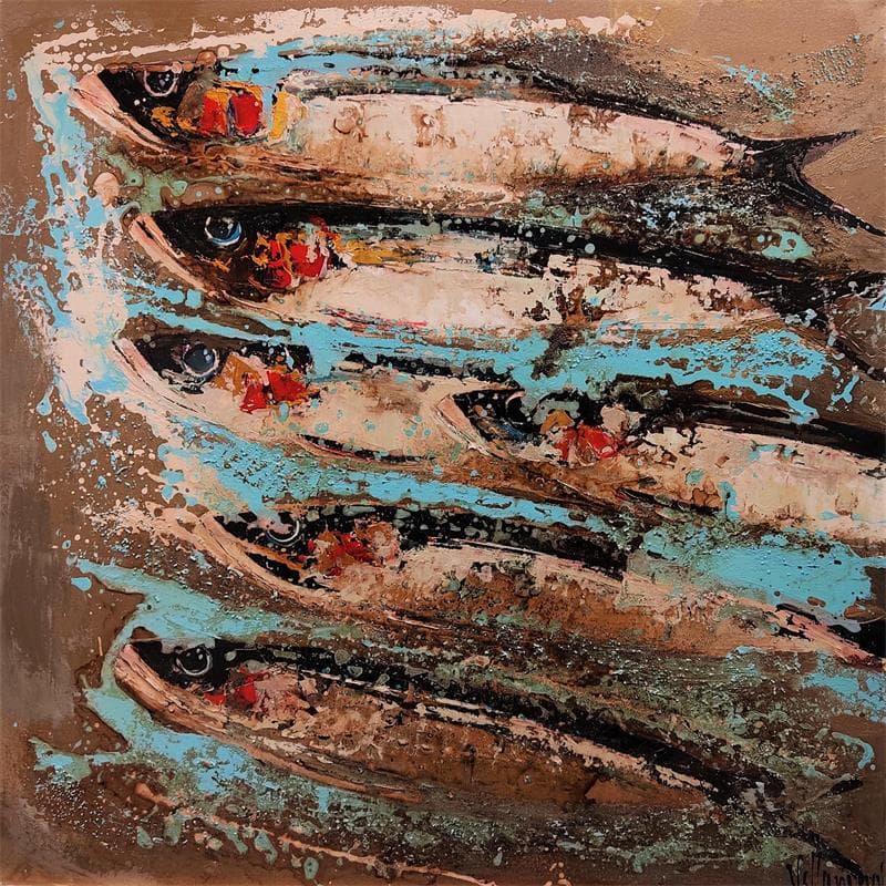 Painting Banco sardinas by Villanueva Puigdelliura Natalia | Painting Figurative Oil Animals