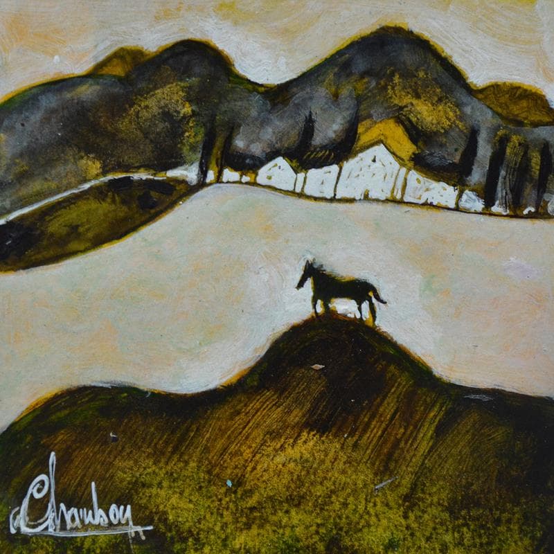 Painting Cheval noir solitaire by Chambon | Painting Figurative Mixed Landscapes