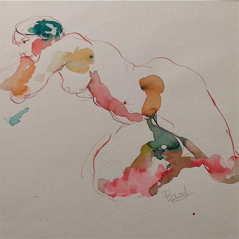 Painting lydie couchée by Brunel Sébastien | Painting Figurative Watercolor Nude