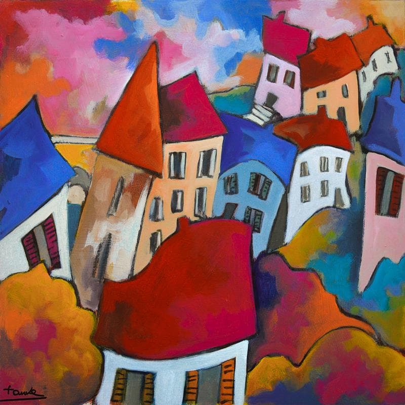 Painting Le village by Fauve | Painting Figurative Oil Life style