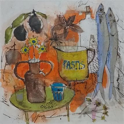 Peinture Fenouil et poissons par Colombo Cécile | Tableau Figuratif Mixte scènes de vie