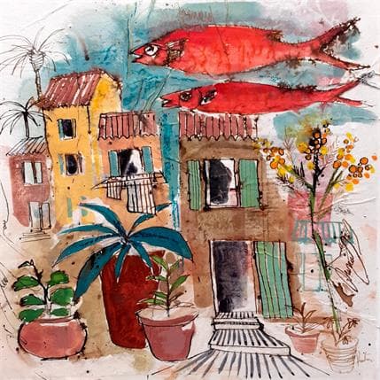 Peinture Rougets et mimosas par Colombo Cécile | Tableau Figuratif Mixte scènes de vie