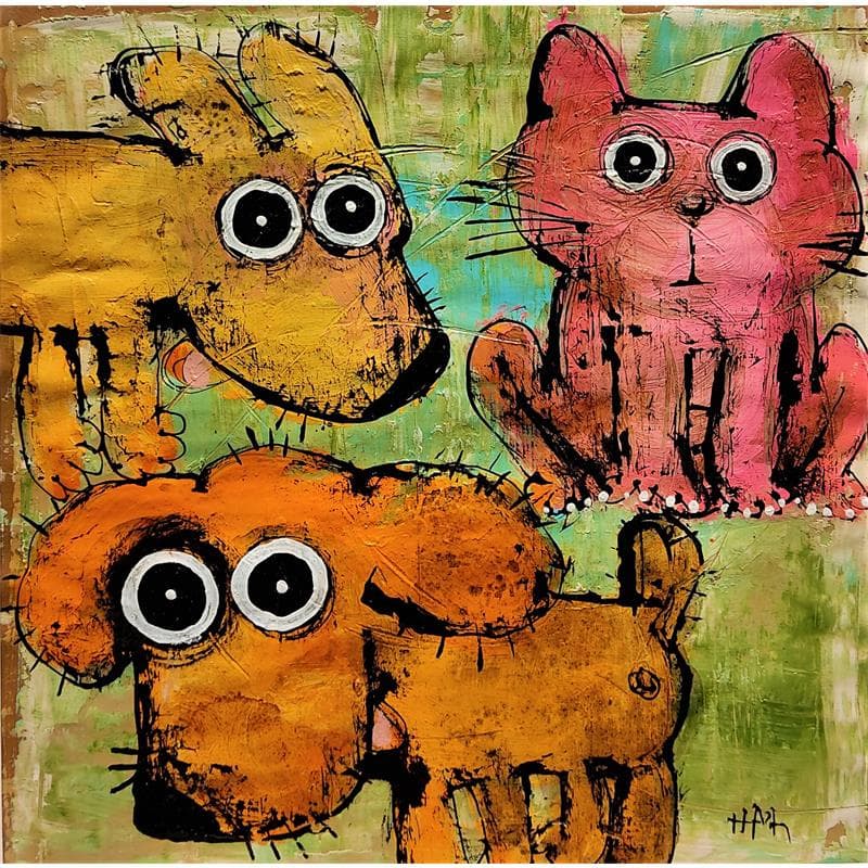 Peinture Chat et chiens par Maury Hervé | Tableau Figuratif Animaux