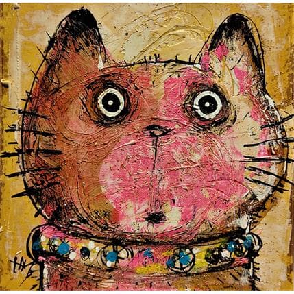 Peinture Chat rose au collier par Maury Hervé | Tableau Figuratif Mixte animaux