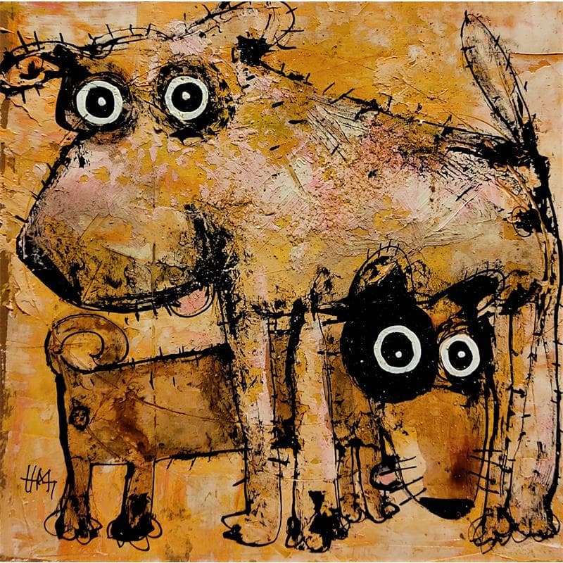 Peinture Duo de chiens par Maury Hervé | Tableau Figuratif Animaux