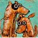 Peinture Duo de chien sur fond bleu par Maury Hervé | Tableau Figuratif Animaux
