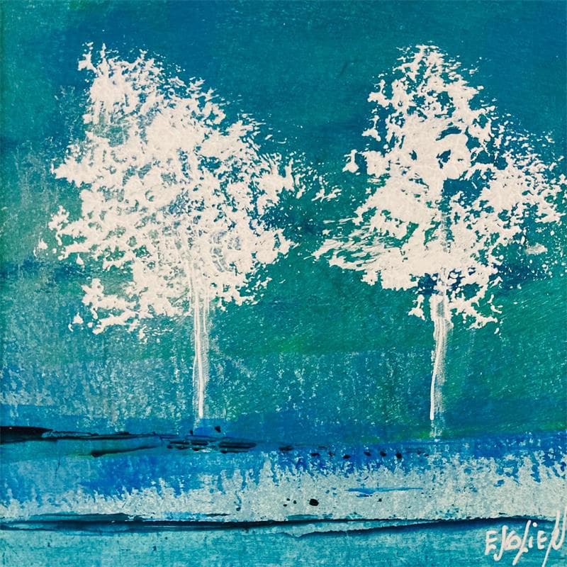 Peinture Deux arbres sur fond bleu par Escolier Odile | Tableau Figuratif Mixte Paysages
