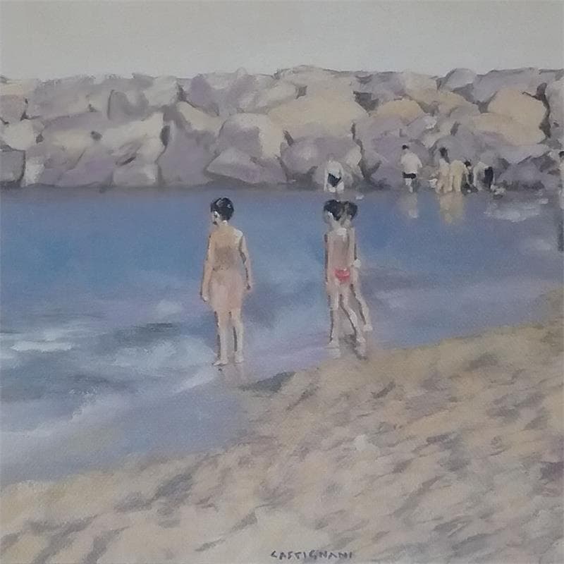 Painting Children on the beach by Castignani Sergi | Painting Figurative Acrylic Landscapes
