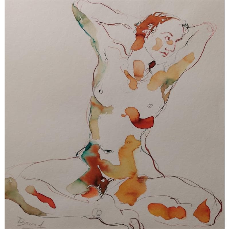 Painting méline accroupie by Brunel Sébastien | Painting Figurative Watercolor Nude