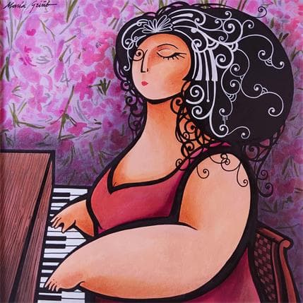 Painting Playing the piano by Maria Grino | Painting Figurative Mixed Portrait