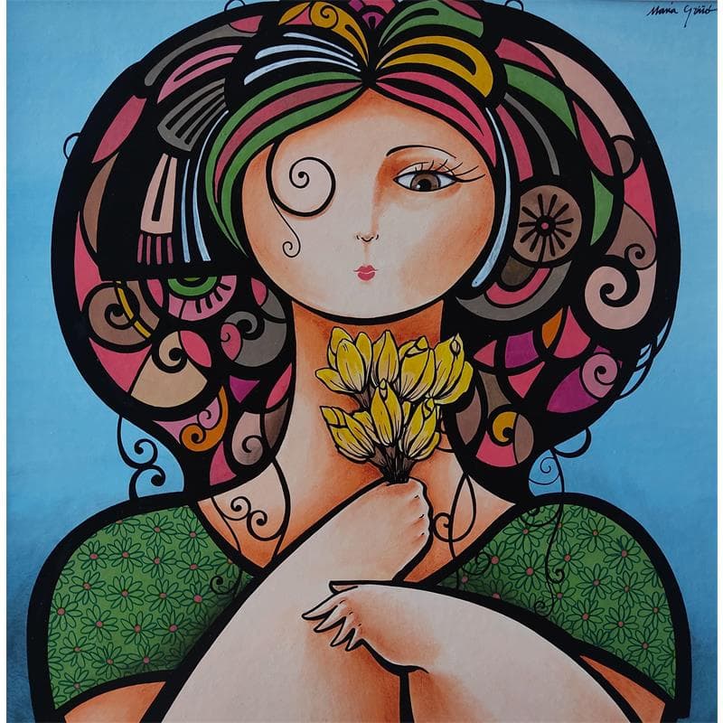 Painting Woman with flowers by Maria Grino | Painting Figurative Mixed Portrait