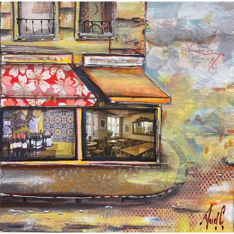 Peinture Café parisien par Aud C | Tableau Figuratif Mixte Vues urbaines scènes de vie