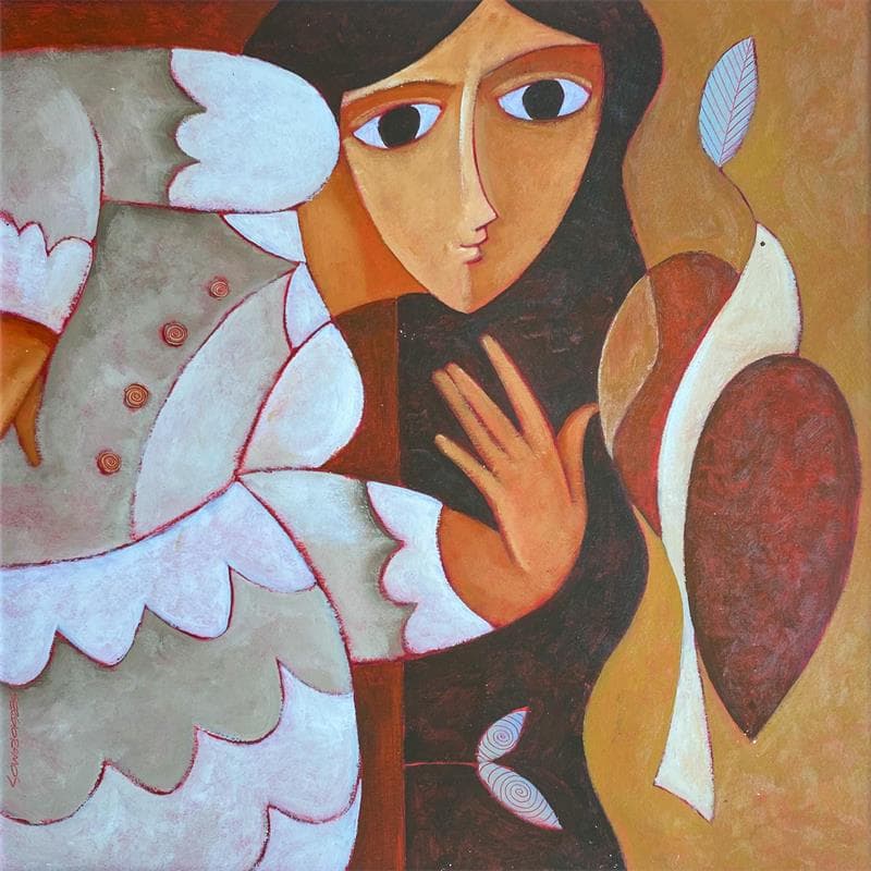 Peinture La femme et l'oiseau par Sergio Ramos | Tableau Figuratif Acrylique Portraits