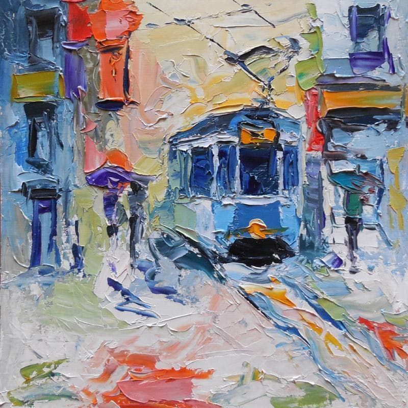 Painting Blue tram by Lunetskaya Elena | Painting Figurative Urban Life style Oil