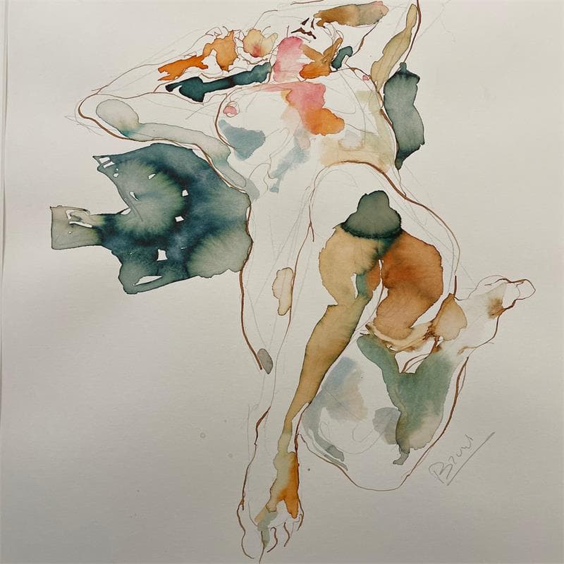 Painting Lydie couchée by Brunel Sébastien | Painting Figurative Watercolor Nude