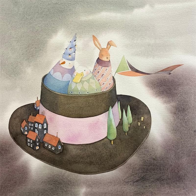Peinture Free wise animal in a hat par Masukawa Masako | Tableau Art naïf Aquarelle Scènes de vie