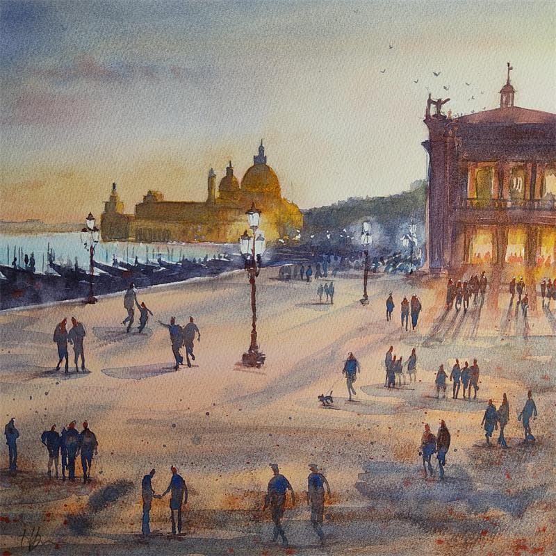 Painting Piazza Glow by Jones Henry | Painting Figurative Watercolor Urban