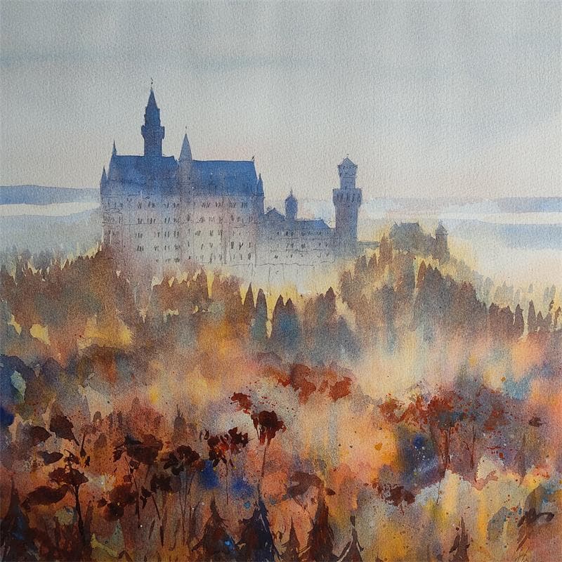 Peinture Dans la brume du château par Jones Henry | Tableau Figuratif Aquarelle Paysages