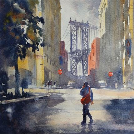 Painting Red glow williamsburg by Jones Henry | Painting Figurative Watercolor Urban