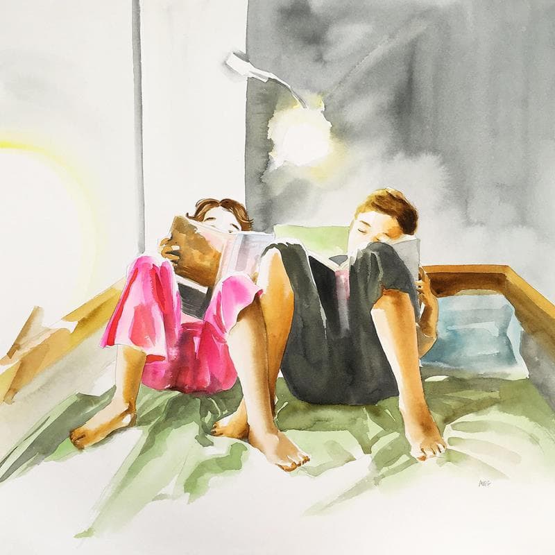 Painting Lectors de nit by Rovira Gustems Marta | Painting Figurative Watercolor Life style