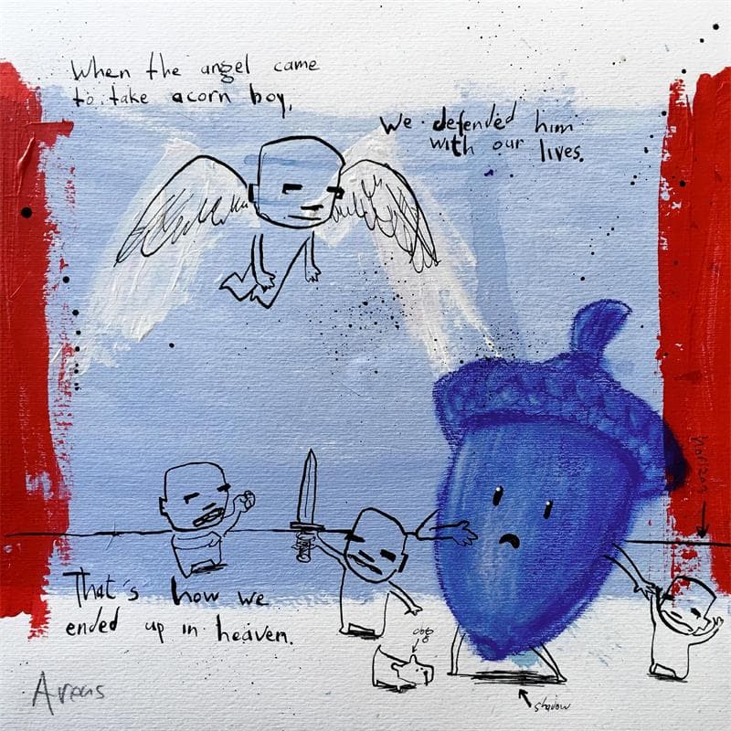 Peinture The battle over acorn boy par Arens Jan hein | Tableau Art Singulier Mixte scènes de vie
