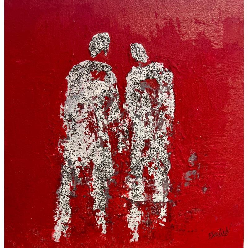Painting Avec toi sur fond rouge by Escolier Odile | Painting Figurative Acrylic