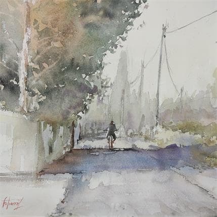 Painting Le cycliste (Cassis) by Gutierrez | Painting Figurative Watercolor Life style