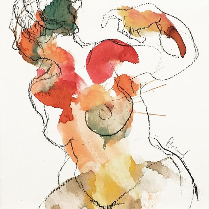 Painting Allison une main levée by Brunel Sébastien | Painting Figurative Watercolor Nude