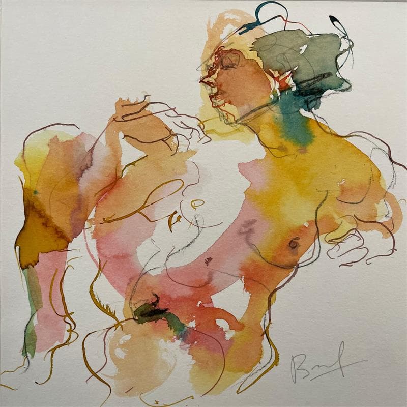 Painting Charlotte assise rose et jaune by Brunel Sébastien | Painting Figurative Nude Watercolor