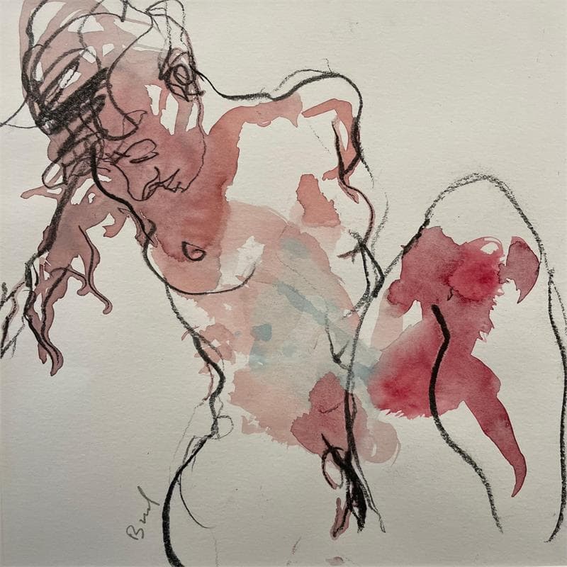 Painting Sarah accroupie 1 by Brunel Sébastien | Painting Figurative Nude Watercolor