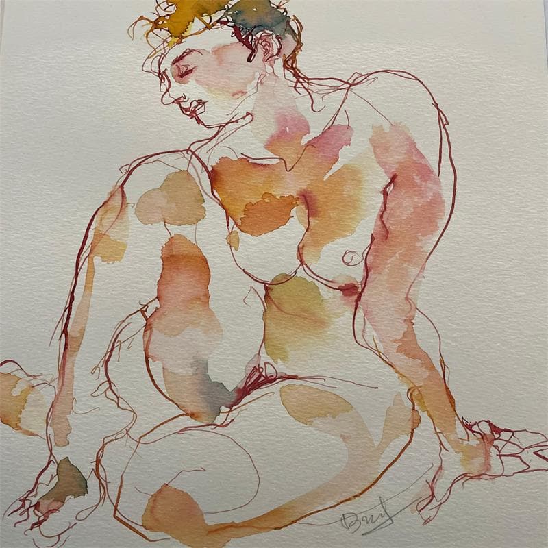 Painting Alice assise by Brunel Sébastien | Painting Figurative Nude Watercolor