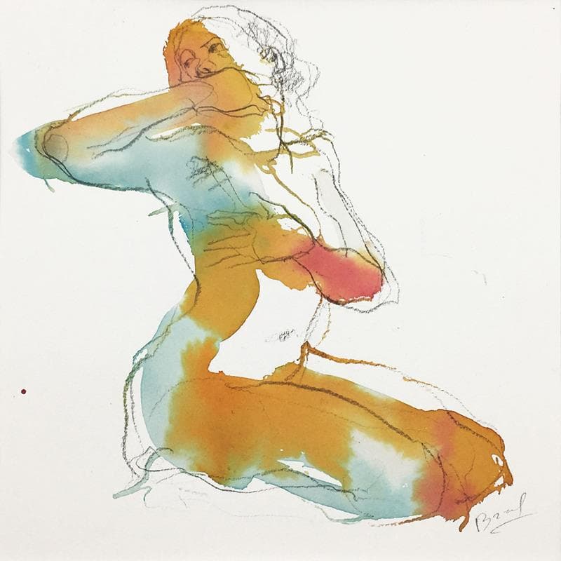 Painting Lydie main sur la bouche by Brunel Sébastien | Painting Figurative Watercolor Nude