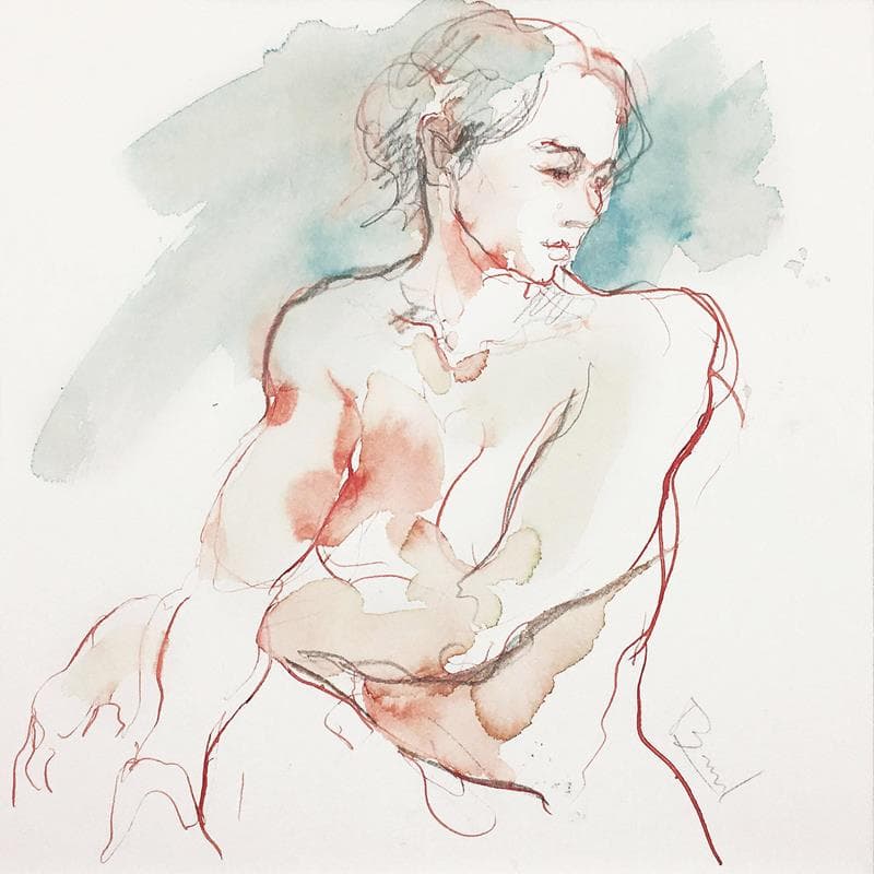 Peinture Lydie assise bleu et rose par Brunel Sébastien | Tableau Figuratif Mixte nu