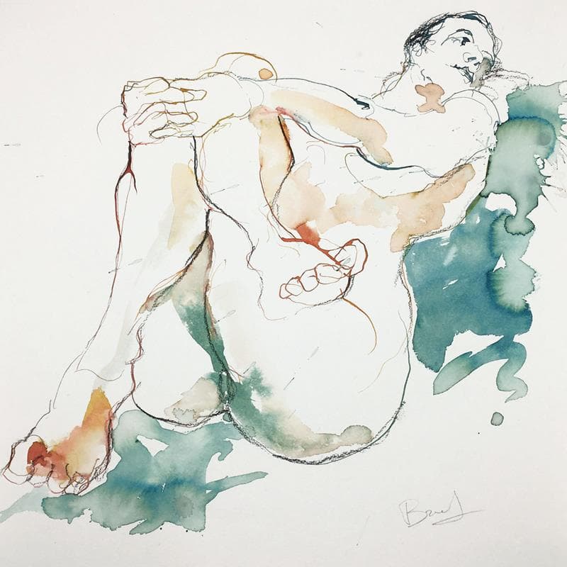 Peinture Méline couchée mains sur les genoux par Brunel Sébastien | Tableau Figuratif Aquarelle nu