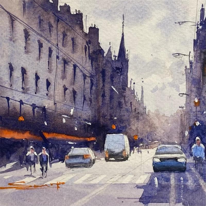 Painting City roads IV by Dandapat Swarup | Painting Figurative Watercolor Landscapes Urban Life style
