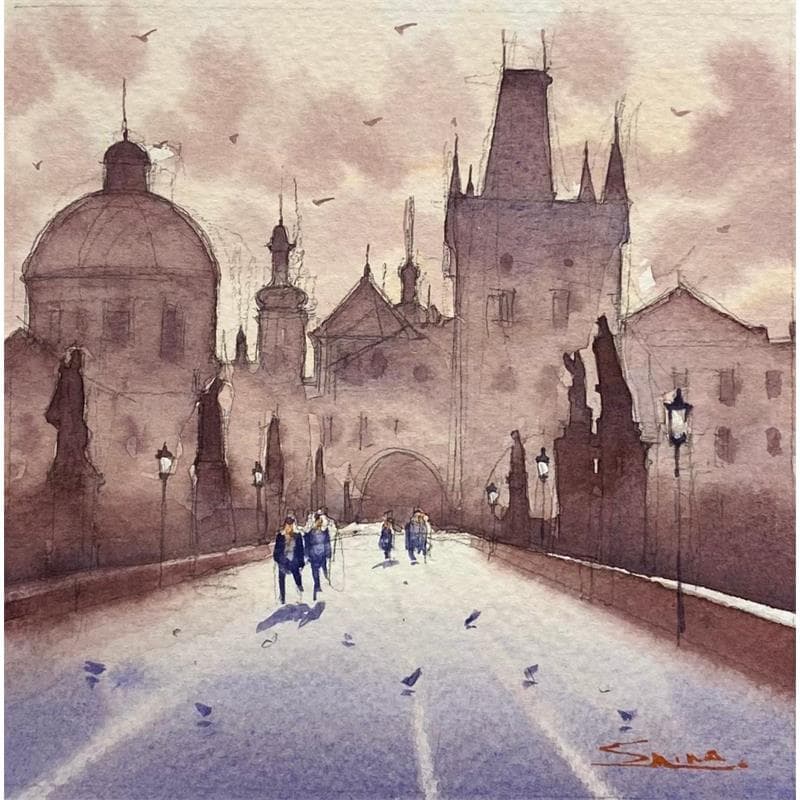 Painting Winter Morning, Prague by Dandapat Swarup | Painting Figurative Watercolor Urban Life style