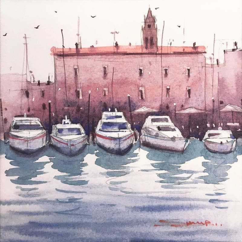 Gemälde Venice boats von Dandapat Swarup | Gemälde Figurativ Aquarell Marine