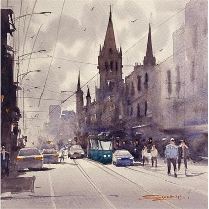 Painting Street view I by Dandapat Swarup | Painting Figurative Watercolor Landscapes, Life style, Urban