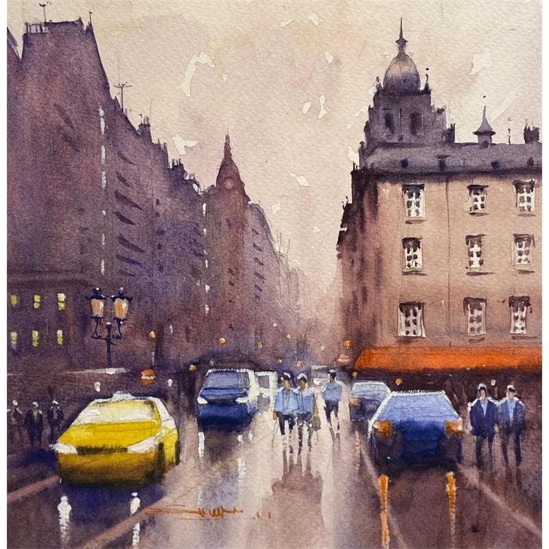Painting Rain in the city by Dandapat Swarup | Painting Figurative Watercolor Landscapes, Life style, Urban