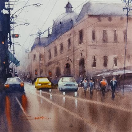 Painting Rain in the city 2 by Dandapat Swarup | Painting Figurative Watercolor Urban