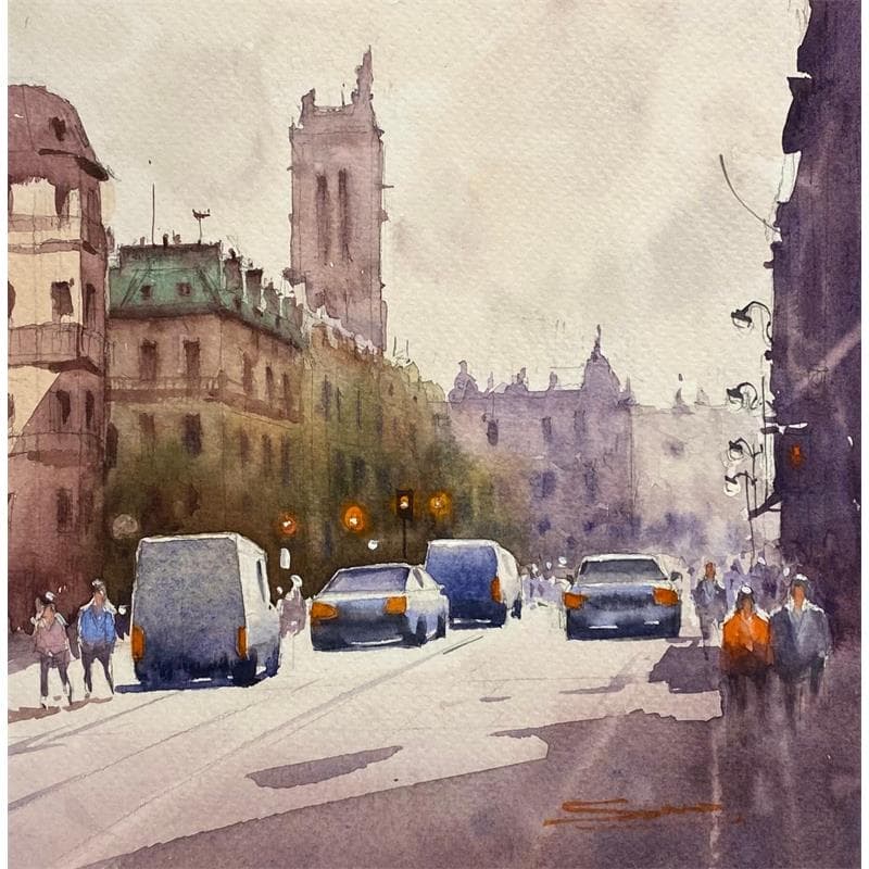 Painting Rue de Rivoli, Paris by Dandapat Swarup | Painting Figurative Watercolor Landscapes, Life style, Urban