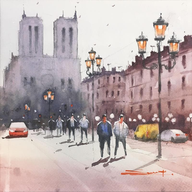 Painting Notre-Dame de Paris by Dandapat Swarup | Painting Figurative Watercolor Urban